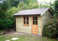 12 x 8 Summer Room with garden office door & window and a felt tile roof. 